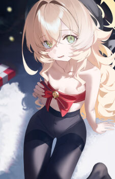 1girl beret black_hat black_pantyhose blue_archive breasts fluffy_hair green_eyes hair_intakes halo hat highres kbsank loli long_hair looking_at_viewer no_pants no_shirt open_mouth pantyhose professor_niyaniya_(blue_archive) ribbon_as_bra side_ahoge sitting small_breasts yellow_halo