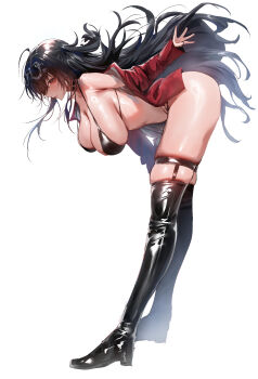 Rule 34 | 1girl, absurdres, azur lane, bent over, bikini, black bikini, black choker, black hair, boots, breasts, choker, crossed bangs, eyewear on head, hanging, high heel boots, high heels, highleg, highleg bikini, highres, jacket, large breasts, long hair, multi-strapped bikini bottom, official alternate costume, race queen, red eyes, red jacket, rororo, simple background, solo, sunglasses, swimsuit, taihou (azur lane), taihou (enraptured companion) (azur lane), very long hair, white background