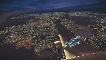1girl absurdres aircraft airplane airplane_wing aqua_hair aqua_necktie bare_shoulders chinese_commentary city_lights cityscape commentary_request detached_sleeves hatsune_miku highres jet_airliner long_hair necktie night outdoors shirt sky sleeveless sleeveless_shirt solo twintails very_long_hair vocaloid white_shirt zaoqi_zou_ye_lu