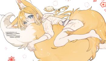 1girl animal_ear_fluff animal_ears barefoot blonde_hair blue_eyes commentary feet fox_ears fox_girl fox_tail hair_brush hideko_(l33l3b) highres hugging_own_tail hugging_tail long_hair long_tail lying on_side original own_hands_together pajamas pink_pajamas pink_shirt pink_shorts shirt shorts solo tail toes