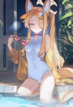 1girl animal_ear_fluff animal_ears blonde_hair blue_archive blush breasts commentary_request covered_navel cross_halo fox_ears fox_girl fox_tail green_eyes hair_over_one_eye halo highres holding holding_removed_eyewear jacket loli long_hair long_tail looking_at_viewer multicolored_eyes off_shoulder official_alternate_costume one-piece_swimsuit one_eye_covered open_mouth pink_eyes poki_(j0ch3fvj6nd) poolside red-tinted_eyewear seia_(blue_archive) seia_(swimsuit)_(blue_archive) side_ponytail small_breasts solo sunglasses swimsuit tail thighs tinted_eyewear two-tone_eyes unworn_eyewear very_long_hair visor_cap white_one-piece_swimsuit yellow_halo yellow_jacket yellow_visor