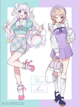 2girls :d ankle_socks artist_name bag beads black_ribbon black_shoes blonde_hair blue_eyes breasts character_name cropped_shirt dot_nose dress flipped_hair full_body hair_bobbles hair_ornament handbag high_heels highres kneehighs long_hair long_sleeves looking_at_viewer medium_hair midriff miniskirt moya_(toatomoot) multiple_girls one_eye_closed open_mouth original parted_lips pink_eyes pink_ribbon pink_shoes pink_skirt plaid_clothes plaid_skirt puffy_short_sleeves puffy_sleeves purple_bag purple_dress ribbon shoes short_dress short_sleeves skirt smile socks standing twitter_username two_side_up unmoving_pattern wavy_hair white_hair white_socks