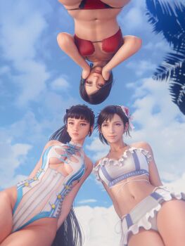 3d 3girls ada_wong beach bikini black_hair breasts brown_eyes crossover eve_(stellar_blade) final_fantasy final_fantasy_vii final_fantasy_vii_remake flower from_below hair_flower hair_ornament hands_on_own_face highres long_hair looking_at_viewer midriff multiple_girls one-piece_swimsuit ponytail red_bikini red_eyes resident_evil resident_evil_4 shift_up short_hair sky sreliata stellar_blade swimsuit thighs tifa_lockhart white_bikini white_one-piece_swimsuit