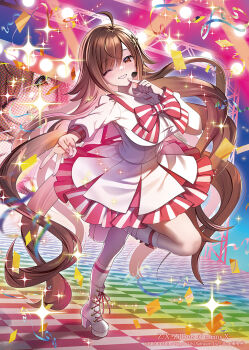 1girl ahoge ankle_boots boots bow bowtie breasts brown_eyes brown_hair clenched_teeth concert confetti copyright_notice headset idol_clothes large_breasts long_hair looking_at_viewer multicolored_skirt official_art one_eye_closed pink_skirt pointing pointing_at_self prism_(z/x) sailor_collar screen_zoom shirt shoes skirt smile socks solo sparkle stage_lights standing standing_on_one_leg striped_bow striped_bowtie striped_clothes striped_skirt teeth v very_long_hair white_sailor_collar white_shirt white_shoes white_skirt white_socks yuasa_akira z/x