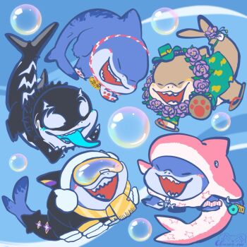 1boy artist_logo artist_name bubble character_name commentary english_commentary fangs fins fish_tail highres jeff_(marvel) jeff_the_land_shark jeff_the_land_shark_(cuddly_fuzzlefin) jeff_the_land_shark_(devouring_duo) jeff_the_land_shark_(incognito_dolphin) jeff_the_land_shark_(sunshine_land_shark) logo male_focus marvel marvel_rivals multiple_views obscure_mo open_mouth paw_print pawpads shark shark_fin shark_tail smile symbiote tail tongue tongue_out