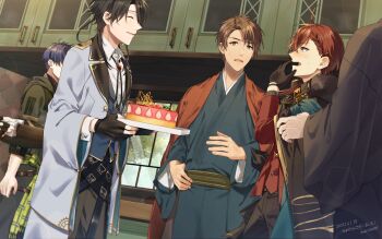 5boys ^_^ ahoge akutagawa_ryuunosuke_(bungou_to_alchemist) belt black_belt black_cape black_gloves black_hair black_kimono black_shirt blue_hair blue_kimono blue_vest bolo_tie braid braided_bangs brooch brown_hair bungou_to_alchemist buttoned_cuffs buttons cabinet cake cape closed_eyes clothes_grab collared_shirt cooking_pot covered_face cowboy_shot dan_kazuo_(bungou_to_alchemist) dazai_osamu_(bungou_to_alchemist) dutch_angle fingerless_gloves food fur-trimmed_cape fur_trim gloves green_eyes green_sash grey_jacket grey_pants hair_between_eyes hand_on_own_hip hand_to_own_mouth haori highres holding holding_cake holding_cooking_pot holding_food holding_plate indoors itsuki3740775 jacket jacket_on_shoulders japanese_clothes jewelry kimono lapels long_sleeves looking_at_another male_focus medium_hair multiple_boys notched_lapels official_alternate_costume open_mouth out_of_frame pants parted_lips pinstripe_pattern pinstripe_shirt plate profile red_hair red_jacket sash satou_haruo_(bungou_to_alchemist) shirt short_hair sleeve_grab standing strawberry_cake surprised sweatdrop swept_bangs vest waist_sash white_shirt wide_sleeves window yellow_eyes