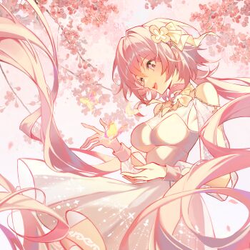 1girl absurdres alternate_costume alternate_eye_color alternate_hair_length alternate_hairstyle arm_cutout breasts bug butterfly cherry_blossoms clothing_cutout collar commentary dogae dress flower hair_ornament highres honkai:_star_rail honkai_(series) insect long_hair long_sleeves march_7th_(honkai:_star_rail) pink_eyes pink_hair ribbon shoulder_cutout smile symbol-only_commentary teeth upper_teeth_only very_long_hair
