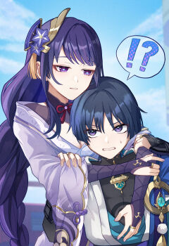 !? 1boy 1girl anemo_symbol_(genshin_impact) aqua_gem armor black_bodysuit black_hair black_shrug blue_cape blue_kimono blue_pupils blue_sky blunt_bangs blunt_ends bodysuit braid breasts bridal_gauntlets cape chin_rest cleavage clenched_teeth cloud cloudy_sky commentary_request eyelashes eyeliner eyeshadow fan_hair_ornament feathers fingernails floral_print floral_print_kimono flower gem genshin_impact gold gold_ring hair_flower hair_ornament half-closed_eyes hand_on_another's_arm hand_on_another's_stomach hand_on_own_arm head_on_head head_rest height_difference highres holding_another's_arm hug hug_from_behind japanese_armor japanese_clothes juban kimono kote kurokote long_hair long_sleeves looking_at_another low-braided_long_hair low-tied_long_hair makeup middle_ring mitsudomoe_(shape) mole mole_under_eye mother_and_son open_clothes open_kimono outdoors parted_lips pink_nails pom_pom_(clothes) print_kimono purple_bridal_gauntlets purple_eyes purple_flower purple_kimono purple_sleeves raiden_shogun red_eyeliner red_eyeshadow saigawa_genshin scaramouche_(genshin_impact) shrug_(clothing) sidelocks sky spoken_interrobang surprised sweatdrop swept_bangs tassel tassel_hair_ornament teeth tomoe_(symbol) turtleneck turtleneck_bodysuit very_long_hair wanderer_(genshin_impact) white_kimono white_mouth wispy_bangs yellow_feathers