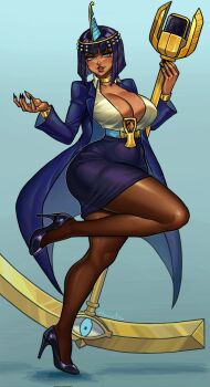 1girl belt belt_buckle black_hair black_nails blue_background blue_eyes bob_cut breasts buckle cleavage collar covered_navel dark-skinned_female dark_skin eliza_(skullgirls) fingernails full_body high_heels knee_up large_breasts long_coat long_fingernails looking_at_viewer microphone microphone_stand mooo_sann nail_polish open_mouth pantyhose parted_lips red_lips skirt skullgirls smile solo tiara twisted_torso
