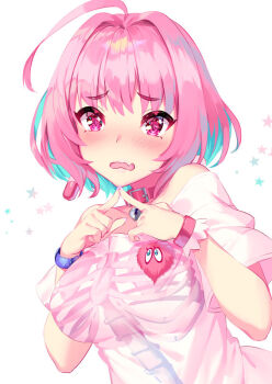 1girl :o ahoge bare_shoulders blue_hair blush breasts collar commentary_request fang female_focus hair_intakes hands_up heart heart_on_chest idolmaster idolmaster_cinderella_girls large_breasts looking_at_viewer multicolored_hair off-shoulder_shirt off_shoulder open_mouth pink_eyes pink_hair shirt short_hair short_sleeves skeleton_print skin_fang solo star_(symbol) twiddling_fingers two-tone_hair upper_body white_background white_shirt wristband yoshimoto_(dear_life) yumemi_riamu