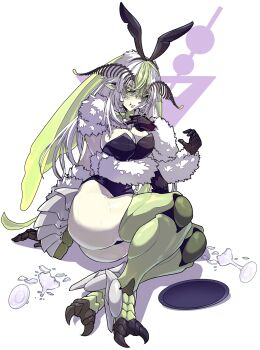 1girl abdomen_tail absurdres animal_ears antennae arthropod_girl ass black_leotard black_sclera breasts broken_glass closed_mouth colored_sclera colored_skin curvy extra_arms fake_animal_ears glass green_eyes green_hair green_skin hair_between_eyes highres indie_virtual_youtuber insect_girl insect_wings juniper_(artist) juniper_actias large_breasts leotard long_hair looking_at_viewer monster_girl moth_antennae moth_girl moth_hair_ornament playboy_bunny pout rabbit_ears sitting solo thick_thighs thighs tray virtual_youtuber white_background white_hair wings
