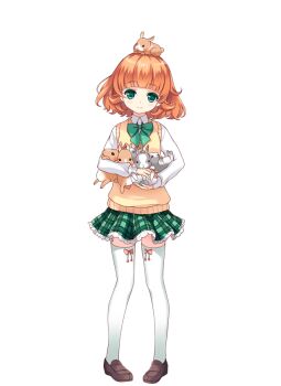 1girl bow bow_legwear bowtie brown_hair brown_shoes cardigan full_body girlfriend_(kari) green_bow green_bowtie green_eyes green_skirt hasegawa_miu loafers looking_at_viewer miniskirt official_art plaid_clothes plaid_skirt pleated_skirt qp:flapper rabbit school_uniform shirt shoes simple_background skirt smile socks solo thighhighs thighs transparent_background white_shirt white_socks yellow_cardigan zettai_ryouiki