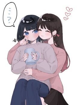 Rule 34 | 2girls, black hair, black skirt, blue eyes, blue pants, brown hair, closed eyes, closed mouth, commentary request, cup, grey sweater, heart, highres, holding, holding cup, hug, hug from behind, long hair, multiple girls, negi negi dayo, original, pants, pink sweater, pleated skirt, simple background, sitting, sitting on lap, sitting on person, skirt, speech bubble, sweater, white background, yuri