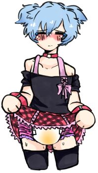 1boy ansatsu_kyoushitsu black_legwear blue_hair blush choker clothes_lift crossdressing crossdressing_(mtf) diaper diaper_peek diaper_under_clothes highres peeing peeing_self pink_diaper presenting_diaper shiota_nagisa skirt skirt_lift tagme thighhighs trap wet_diaper