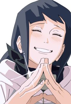 Rule 34 | 1girl, absurdres, black hair, blush, closed eyes, facing viewer, highres, hood, hood down, hoodie, hyuuga hinata, jacket, konohagakure symbol, long hair, naruto (series), naruto shippuuden, pnpk 1013, purple hoodie, purple jacket, smile, solo, steepled fingers, upper body, white background