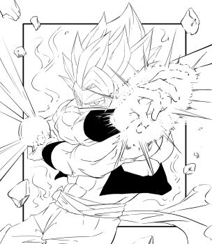 Rule 34 | 1boy, absurdres, black vest, crossed arms, dragon ball, dragon ball super, dragon ball super broly, dragon ball z dokkan battle, gogeta, greyscale, highres, male focus, metamoran vest, monochrome, paneled background, pants, powering up, rock, solo focus, super saiyan, super saiyan blue, transcendent blazer, vest, white pants, yukito (yukito85476)