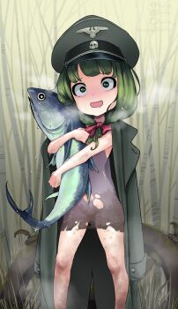 1girl absurdres animal bow cleft_of_venus coat coat_on_shoulders dark_yaoi dirty dress female_focus fish fog green_hair hat highres holding holding_animal holding_fish huge_filesize kagiyama_hina loli looking_at_viewer military_hat nature nazi open_mouth pussy red_bow see-through_clothes solo standing swastika torn_clothes torn_dress touhou watermark