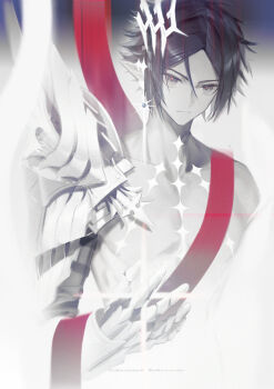 Rule 34 | 1boy, arknights, armor, bare pectorals, blue hair, broad shoulders, closed mouth, collarbone, commentary, earrings, gauntlets, gradient background, hair between eyes, highres, jewelry, jiuri jiuhao, male focus, parted bangs, pauldrons, pectorals, pointy ears, red ribbon, ribbon, short hair, shoulder armor, sidelocks, single earring, slit pupils, solo, star (symbol), symbol-only commentary, white armor, zuo le (arknights), zuo le (quiet move) (arknights)