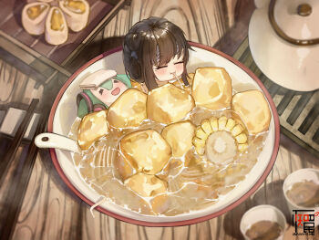 1girl absurdres black_hair blush chibi chinese_food closed_eyes cup eating food fuwapuchi hatsune_miku highres in_food mansui_(the_hungry_lamb) medium_hair on_table plate table the_hungry_lamb:_traveling_in_the_late_ming_dynasty towel towel_on_head unaware_min wooden_table