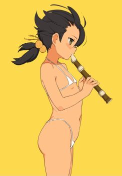 1girl bikini black_hair female_focus flat_chest flute from_side hair_bobbles hair_ornament highres holding holding_instrument instrument kaai_yuki kachobi_(user_atuh5854) kyoufuu_all_back_(vocaloid) loli micro_bikini music navel playing_instrument profile short_hair simple_background solo standing swimsuit white_bikini yellow_background