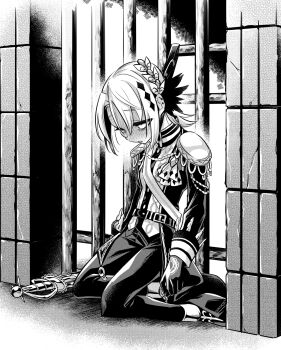 1girl belt blush coat collar_chain_(jewelry) commentary_request death epaulettes full-face_blush full_body gloves greyscale half-closed_eyes hanged hasumi_leia highres iron_bars kneeling mahou_shoujo_no_majo_saiban monochrome ouji_fashion pants sash short_hair shoulder_sash solo suicide suno_(imydream) sword weapon