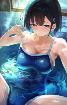 1girl black_hair blue_eyes blue_one-piece_swimsuit blush breasts cameltoe choppy_bangs cleavage colored_inner_hair commentary_request covered_navel dolphin_hair_ornament fingernails grin hair_ornament hairclip hand_up highres in_bathtub large_breasts maeshimashi medium_hair multicolored_hair naughty_face one-piece_swimsuit original partially_submerged selfie smile solo strap_pull swimsuit tile_wall tiles upper_body water