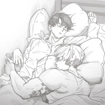 2boys absurdres akagi_kazuaki arm_tattoo bed closed_eyes cuddling greyscale hanagata_kaede highres hooggu kemono_jihen male_focus monochrome multicolored_hair multiple_boys muscular muscular_male pillow shirt short_hair sleeping tattoo two-tone_hair yaoi