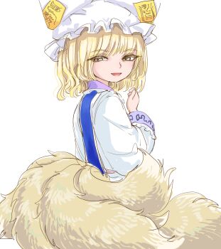 Rule 34 | 1girl, animal hat, blonde hair, blue tabard, commentary request, fox tail, hat, kitsune, long sleeves, looking at viewer, mob cap, multiple tails, open mouth, s-a-murai, simple background, smile, solo, tabard, tail, touhou, white background, yakumo ran, yellow eyes