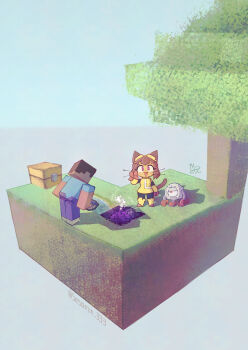 1girl 2boys :d animal_ears blue_shirt breasts brown_hair bucket cat_ears cat_girl cat_tail cobblestone_generator commentary dress english_commentary furry furry_female gameoverse goggles goggles_on_head highres holding holding_bucket kaboodle_(gameoverse) kit_bodega looking_at_viewer minecraft multiple_boys obsidian_(gemstone) obsidian_rock open_mouth pants purple_eyes purple_pants sesamin_(sesamin_333) shirt signature skyblock smile steve_(minecraft) tail treasure_chest tree twitter_username v water whiskers yellow_dress yellow_gauntlets