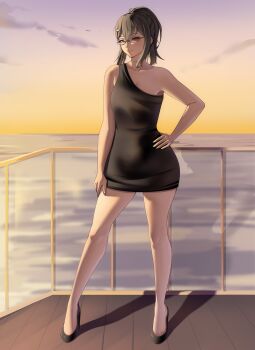 1girl absurdres aiko_yumi bad_tag balcony black_dress black_hair black_shoes cocktail_dress commentary commission commissioner_upload dress english_commentary glasses hand_on_own_hip hand_on_own_thigh high_heels high_ponytail highres hunie_(series) huniepop ko-fi_commission looking_at_viewer mature_female non-web_source ponytail shoes short_dress sidelocks single-shoulder_dress smile solo standing succducc888 sunset