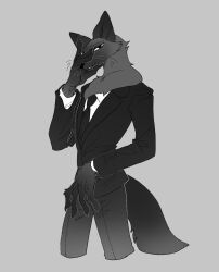 Rule 34 | 1boy, animal ears, black eyes, black fur, black jacket, black necktie, black pants, black suit, body fur, claws, collared shirt, commentary request, cropped legs, formal, fox boy, fox ears, fox tail, grey background, grin, hand on own face, highres, jacket, long sleeves, looking at viewer, male focus, necktie, original, pants, rata (norahasu), shirt, simple background, smile, suit, tail, whiskers, white shirt