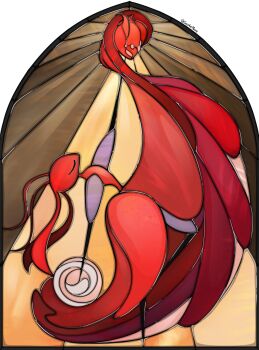 1girl absurdres ant_girl antennae arthropod_girl closed_eyes colored_skin dancing dress full_body highres hollow_knight hollow_knight:_silksong leg_up red_dress red_skin sapphiemane skarrsinger_karmelita_(hollow_knight) solo stained_glass standing standing_on_one_leg