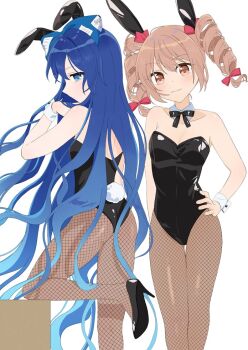 2girls alternate_costume animal_ears black_bow black_bowtie black_leotard black_shoes blonde_hair blue_bow blue_eyes blue_hair bow bowtie breasts brown_pantyhose cleavage closed_mouth collarbone commentary_request commission detached_collar drill_hair feet_out_of_frame fishnet_pantyhose fishnets hair_bow hand_on_own_hip high_heels leotard long_hair looking_at_viewer multiple_girls pantyhose playboy_bunny rabbit_ears rabbit_tail red_bow shoes siblings simple_background sisters skeb_commission small_breasts smile strapless strapless_leotard tail touhou tsuno_no_hito twin_drills very_long_hair white_background wrist_cuffs yellow_eyes yorigami_jo'on yorigami_shion