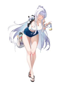 1girl absurdres alternate_costume bag bead_bracelet beads black_shoes blue_shorts bracelet camisole casual colored_eyelashes commentary_request dolphin_shorts full_body goddess_of_victory:_nikke groceries grocery_bag highres holding jewelry jueun2817 korean_commentary long_hair mechanical_arms mechanical_hands nayuta_(nikke) one_eye_closed sandals shoes shopping_bag short_shorts shorts simple_background single_mechanical_arm single_mechanical_hand solo thick_eyelashes unusually_open_eyes very_long_hair white_background white_camisole white_eyelashes white_hair