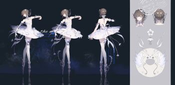 Rule 34 | 1girl, absurdres, ballet, ballet dress, blue eyes, blunt bangs, brown hair, closed eyes, dated, dress, expressionless, facial mark, flower, hair ornament, highres, mechanical arms, mechanical legs, medium hair, original, profile, reference sheet, shen a fang, sidelocks, single mechanical arm, thighhighs, tutu, variations, watermark, white dress, white flower, white thighhighs