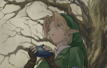 1boy absurdres bare_shoulders blonde_hair blue_eyes brown_gloves chenrong96 collared_shirt earrings fingerless_gloves from_behind gloves green_hair green_tunic highres holding holding_instrument instrument jewelry link male_focus nintendo ocarina parted_bangs parted_lips pointy_ears shirt short_hair solo the_legend_of_zelda the_legend_of_zelda:_ocarina_of_time tree tunic under_tree upper_body white_shirt