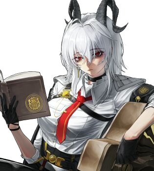 1girl absurdres armband black_armband black_choker black_gloves black_horns black_pants book breasts button_gap chest_harness choker closed_mouth collared_shirt commentary curled_horns earrings fallencoffee gloves grey_hair hair_between_eyes harness highres holding holding_book horns jewelry key_earrings large_breasts long_hair looking_at_viewer necktie open_book pants red_eyes red_necktie shirt shirt_tucked_in simple_background solo white_background white_shirt wuthering_waves zani_(wuthering_waves)