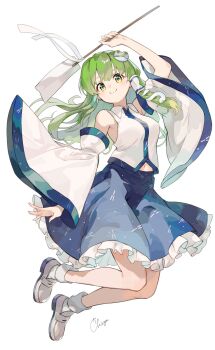 Rule 34 | 1girl, arm up, bare shoulders, blue skirt, chiga (chiga sanma), closed mouth, collared shirt, commentary, detached sleeves, floating, floating hair, frills, frog hair ornament, full body, gohei, green hair, hair ornament, hair tubes, highres, holding, holding gohei, kochiya sanae, long hair, midriff peek, navel, shirt, shoes, signature, single hair tube, skirt, sleeveless, sleeveless shirt, smile, snake hair ornament, socks, solo, touhou, white background, white shirt, white shoes, white socks, yellow eyes