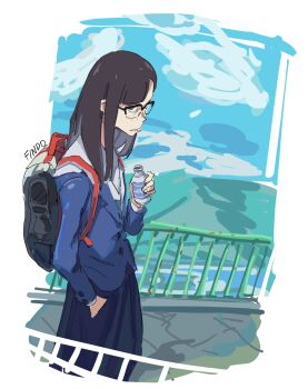 Rule 34 | 1girl, artist name, asymmetrical bangs, backpack, bag, bottle, cloud, eizouken ni wa te wo dasu na!, findoworld, freckles, glasses, hand in pocket, hashtag-only commentary, highres, holding, holding bottle, kanamori sayaka, long hair, milk bottle, necktie, school uniform, shibahama high school uniform, skirt, solo