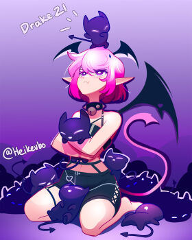 Rule 34 | 1girl, :<, :t, barefoot, bell, black choker, black shirt, black shorts, blush, bright pupils, camila (cami 1.0) (vtuber), camila (vtuber), choker, cimp (camila (vtuber)), commentary, crop top, demon girl, drooling, earrings, english commentary, eyelashes, head wings, heikevbo, highres, holding, indie virtual youtuber, jewelry, kneeling, lying, midriff, mouth drool, navel, neck bell, notice lines, on back, on head, outline, pink hair, pointy ears, pout, purple background, purple eyes, shirt, short hair, shorts, single wing, smile, tail, twitter username, virtual youtuber, white outline, white pupils, wings