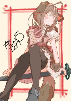1girl absurdres ahoge animal_ears artist_name blurry blurry_background blush border brown_hair brown_thighhighs dog_ears dog_girl dog_tail dot_nose dress frilled_dress frills grey_shoes hair_between_eyes highres holding holding_sword holding_weapon katana loafers looking_at_viewer orange_eyes original outside_border pout shoes short_hair sidelocks signature simple_background sitting solo sword tail thighhighs totomoto weapon yellow_background