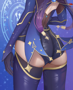 1girl absurdres ass ass_focus black_gloves blue_background commentary from_behind genshin_impact gloves highres long_hair low-tied_long_hair lower_body magic_circle mona_(genshin_impact) mona_(pact_of_stars_and_moon)_(genshin_impact) purple_hair purple_thighhighs solo thighhighs twintails yosola_pl