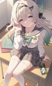 1girl black_hairband blue_pupils commentary_request firefly_(honkai:_star_rail) gradient_hair grey_hair grey_sailor_collar hair_between_eyes hair_intakes hairband highres honkai:_star_rail honkai_(series) long_hair long_sleeves looking_at_viewer multicolored_eyes multicolored_hair pleated_skirt purple_eyes sailor_collar satomi_(745684552) sitting skirt smile solo thighhighs two-tone_eyes white_thighhighs