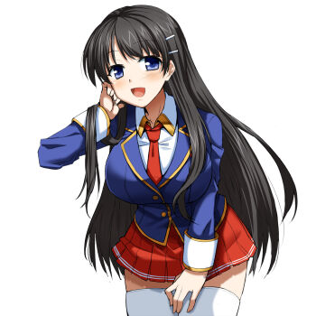 1girl artist_request black_hair blazer blue_eyes blue_jacket breasts commentary_request copyright_request cowboy_shot gold_trim hair_ornament hairclip hand_in_own_hair highres huge_breasts jacket leaning_forward long_hair long_sleeves looking_at_viewer necktie open_mouth pleated_skirt red_necktie red_skirt school_uniform second-party_source shinki_itten shirt simple_background skirt smile solo thighhighs white_background white_shirt white_thighhighs
