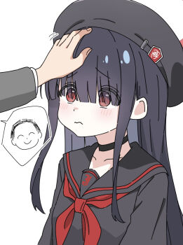 1boy 1girl black_choker black_hair black_hat black_sailor_collar black_shirt blue_archive blunt_bangs blush choker collarbone commentary_request doodle_sensei_(blue_archive) hair_over_eyes hat hayoo_ww headpat highres justice_task_force_member_(blue_archive) long_hair long_sleeves looking_at_another neckerchief red_eyes red_neckerchief sailor_collar sensei_(blue_archive) shirt sidelocks simple_background solo_focus speech_bubble spoken_character trinity_general_school_logo white_background