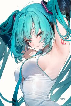1girl absurdres aqua_eyes aqua_hair aqua_necktie armpits arms_behind_head arms_up bare_shoulders black_sleeves breasts button_gap collared_shirt detached_sleeves freng hair_ornament hatsune_miku headphones highres long_hair looking_at_viewer medium_breasts necktie parted_lips presenting_armpit shirt shoulder_tattoo simple_background sleeveless sleeveless_shirt solo tattoo twintails upper_body vocaloid white_background white_shirt x_hair_ornament