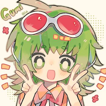 1girl artist_name bare_arms bare_shoulders blush_stickers bow bowtie bright_pupils character_name chinese_commentary collared_shirt commentary_request double_v eyewear_on_head frilled_shirt frills green_eyes green_hair green_outline gumi halftone halftone_background happy long_hair looking_at_viewer messy_hair notice_lines open_mouth orange_shirt outline polka_dot polka_dot_background red-tinted_eyewear red_bow red_bowtie shirt simple_background sleeveless sleeveless_shirt smile solo sunglasses tinted_eyewear upper_body v variant_set vest vocaloid white-framed_eyewear white_background white_pupils white_vest xianyu_fish