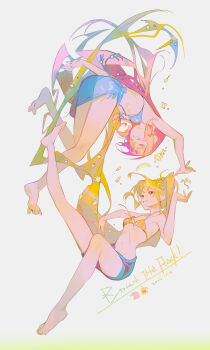 &gt;_&lt; 2girls absurdres ahoge barefoot bikini bikini_skirt blonde_hair bocchi_the_rock! breasts clenched_teeth closed_eyes commentary cube_hair_ornament dated full_body gotoh_hitori grin hair_ornament highres ijichi_nijika long_hair multiple_girls navel one_side_up pink_hair rainbow red_eyes sanyang003 simple_background small_breasts smile swimsuit symbol-only_commentary teeth thighs white_background