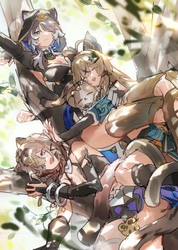 3girls animal_ears animal_hood blue_eyes bracelet breasts brown_cat brown_hair can_(honkai_impact) cat cat_ears cat_girl cat_hood cat_tail cheek_press cipher_(honkai:_star_rail) cleavage company_connection genshin_impact grape_(grapedraws) green_eyes grey_hair hashtag-only_commentary heterochromia honkai:_star_rail honkai_(series) honkai_impact_3rd hood jewelry kirara_(genshin_impact) medium_breasts mihoyo multiple_girls on_branch one_eye_closed pardofelis pardofelis_(reverist_calico) short_hair smile tail trait_connection tree