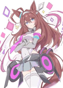 1girl ahoge akure1129 animal_ears blue_eyes blush breasts brown_eyes brown_hair commentary_request crossed_arms grey_leotard grey_skirt hair_between_eyes horse_ears horse_girl horse_tail leotard long_hair looking_at_viewer medium_breasts mihono_bourbon_(mb-19890425)_(umamusume) mihono_bourbon_(umamusume) necktie purple_necktie simple_background skirt solo tail thighhighs umamusume white_background white_thighhighs zettai_ryouiki